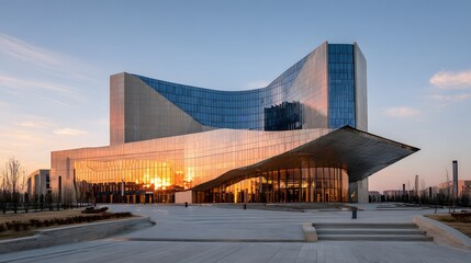 Obraz premium Modern architectural structure exhibits sweeping curves and reflective glass at sunset