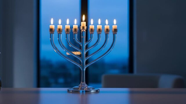 Hanukkah menorah with eight candles burning against a window, representing the Jewish festival of lights, religious celebration, family traditions, faith and holiday spirit.