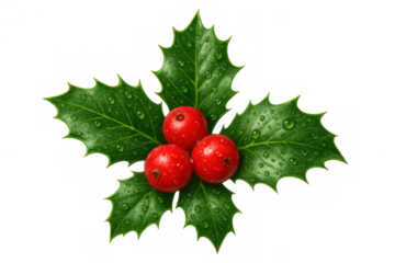 Holly sprig with red berries and green leaves, water drops, transparent background, christmas and winter decoration