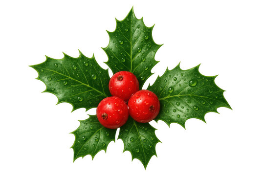 Holly sprig with red berries and green leaves, water drops, transparent background, christmas and winter decoration - Powered by Adobe