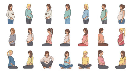 Array of pregnant women in various poses and attires showcasing different stages of pregnancy