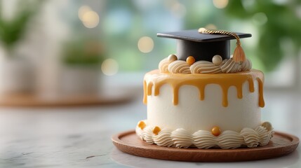 A beautifully designed graduation cake topped with a cap and tassel, featuring creamy frosting and decorative elements, perfect for celebrations.