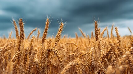 Fototapeta premium Mature golden grain stalks stand ready for harvest beneath a dramatically clouded sky