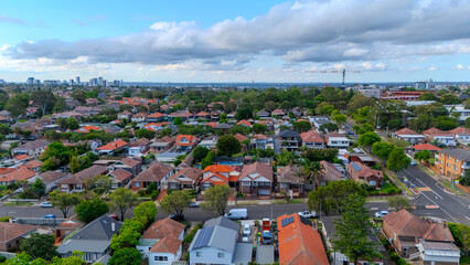 Panorama aerial drone view of western Sydney Suburbs of Canterbury Burwood Ashfield Marrickville...
