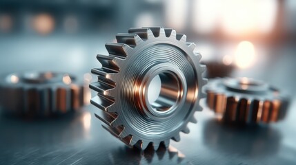 A close-up of metallic gears showcasing intricate details, highlighting engineering precision and industrial design.