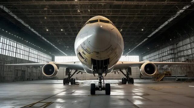 Front view of a large passenger airplane inside a spacious hangar