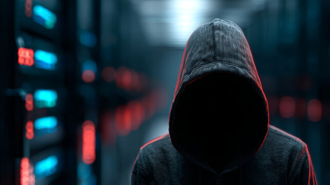 Mysterious hooded figure in dark server room with neon blue and red lights creating tense atmosphere