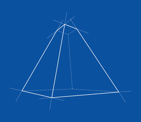 Geometric Pyramid Blueprint on Blue. Vector