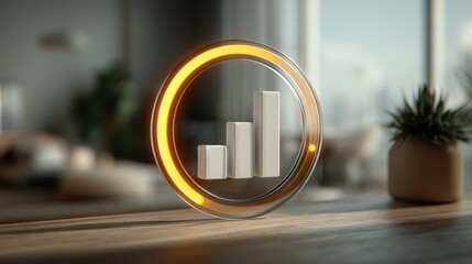 A modern graphical representation of growth displayed on a stylish circular icon, set against a blurred interior background.