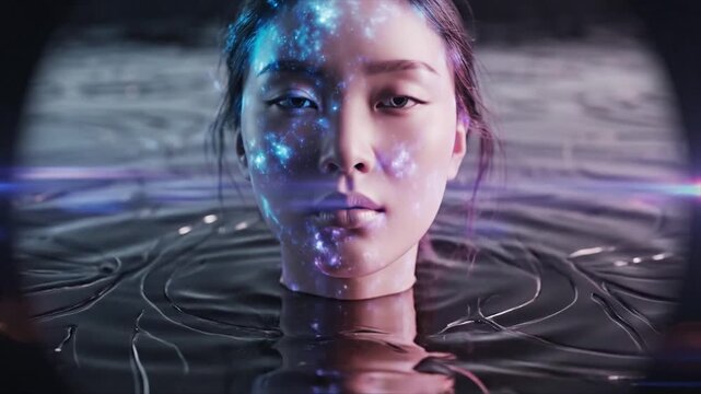 Immersive Tech Asian Woman in Digital Fluid for Futuristic Experience.