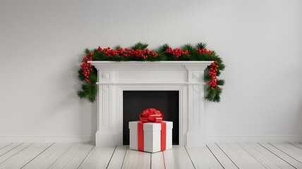 Fototapeta premium Festive white fireplace adorned with green garland and red bows a christmas gift box sits in the hearth