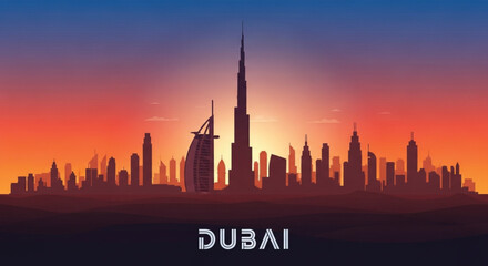 Stunning Dubai skyline silhouette at vibrant sunset, showcasing modern architectural marvels and urban elegance
