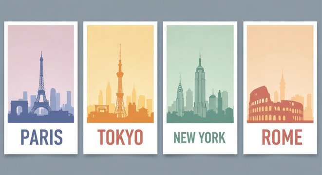 Vibrant city skylines Paris Tokyo New York Rome evoke wanderlust and global exploration adventures