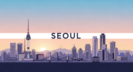 Obraz premium Stunning Seoul skyline at sunset captures vibrant city energy and iconic landmarks, perfect for travel and business themes
