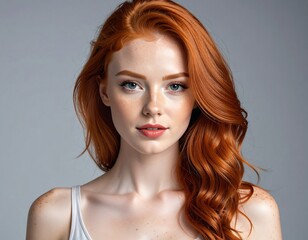 A head and shoulder portrait of a fair skinned woman with long, vibrant red hair and a serene expression