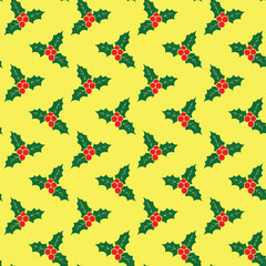Holly berry seamless pattern on a yellow background
