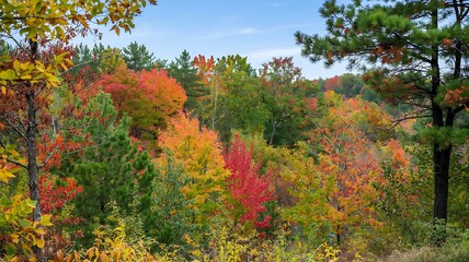Obraz premium Vibrant autumn forest landscape with a tapestry of red orange yellow and green leaves under a clear blue sky