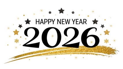 Elegant Black and Gold 'Happy New Year 2026' Calligraphy – Sparkling Glitter Luxe Design