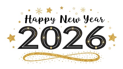 Elegant Black and Gold 'Happy New Year 2026' Calligraphy – Sparkling Glitter Luxe Design
