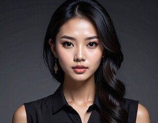 A head and shoulder portrait of a young Asian woman with dark hair and a neutral expression