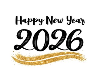 Elegant Black and Gold 'Happy New Year 2026' Calligraphy – Sparkling Glitter Luxe Design