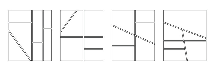 Set of collage grid manga comic storyboard layout panel blank template. Empty page frame for comic book, photo collage, poster, flyer. Vector illustration. Manga storyboard layout template for rapidly