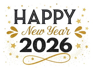 Elegant Black and Gold 'Happy New Year 2026' Calligraphy – Sparkling Glitter Luxe Design