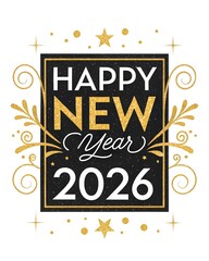 Elegant Black and Gold 'Happy New Year 2026' Calligraphy – Sparkling Glitter Luxe Design