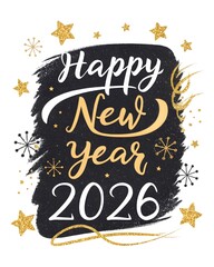Elegant Black and Gold 'Happy New Year 2026' Calligraphy – Sparkling Glitter Luxe Design