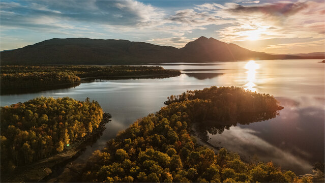 Aerial view of Bigelow Mountain and Flagstaff lake in fall, Maine