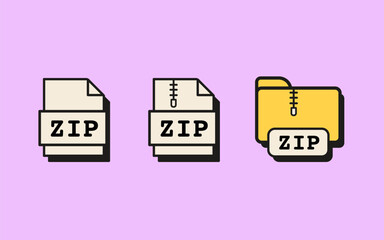 Set of retro style ZIP file and folder icons of compressed document and archive formats with zipper symbols and ZIP labels. Flat Style Vector Illustration Isolated on background. © millering