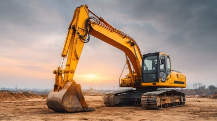 Heavy yellow construction excavator rests on dirt ground under a dramatic twilight sky