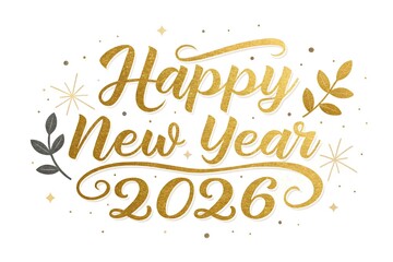 Luxurious Gold Foil 'Happy New Year 2026' Calligraphy – Shiny Metallic Gloss Effect