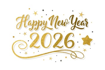 Luxurious Gold Foil 'Happy New Year 2026' Calligraphy – Shiny Metallic Gloss Effect
