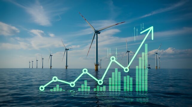 Offshore wind turbines rise from the ocean with a glowing green financial growth chart superimposed symbolizing renewable energy investment and economic progress