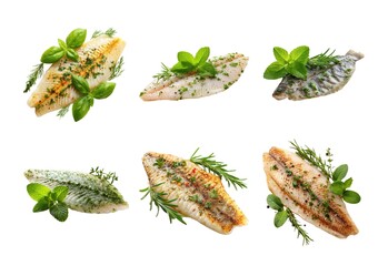 Fresh Fish Fillets with Herbs and Greens on White Background