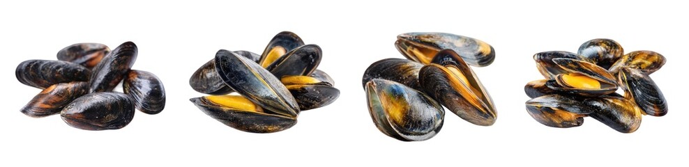 Assorted Fresh Mussels Shells on White Background for Culinary Use
