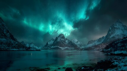 Dramatic display of vibrant green northern lights illuminates snowy mountain range above dark water