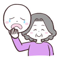 泣いてる仮面の下は笑っているシニア女性のイラスト