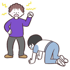 男性を土下座させて怒るイラスト