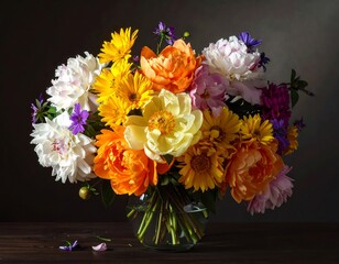 A vibrant bouquet of multicolored blossoms in a clear glass vase against a dark background