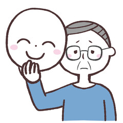 笑顔の仮面を持って悲しい顔をしているシニア男性のイラスト