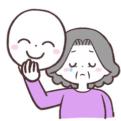 笑顔の仮面を持って泣いているシニア女性のイラスト