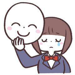 笑顔の仮面を持って泣いている女の子のイラスト
