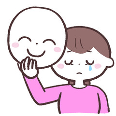 笑顔の仮面を持って悲しい顔をしている女性のイラスト