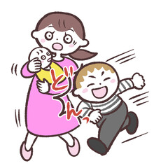 赤ちゃんを抱く女性にぶつかる走る子供のイラスト