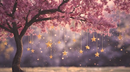 Whimsical golden stars hang suspended from the abundant branches of a blossoming pink tree