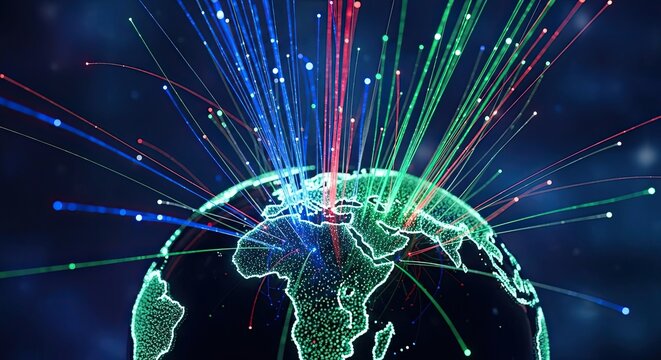 Dynamic digital network visualization showcasing data flow between interconnected nodes and currency symbols, representing secure financial transactions and global connectivity. - Powered by Adobe