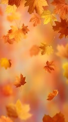 Vibrant autumn leaves in warm tones of orange and yellow gently falling against a soft blurred background creating a cozy seasonal atmosphere
