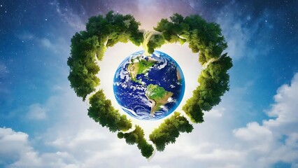 Heart shaped trees embrace planet earth in sky